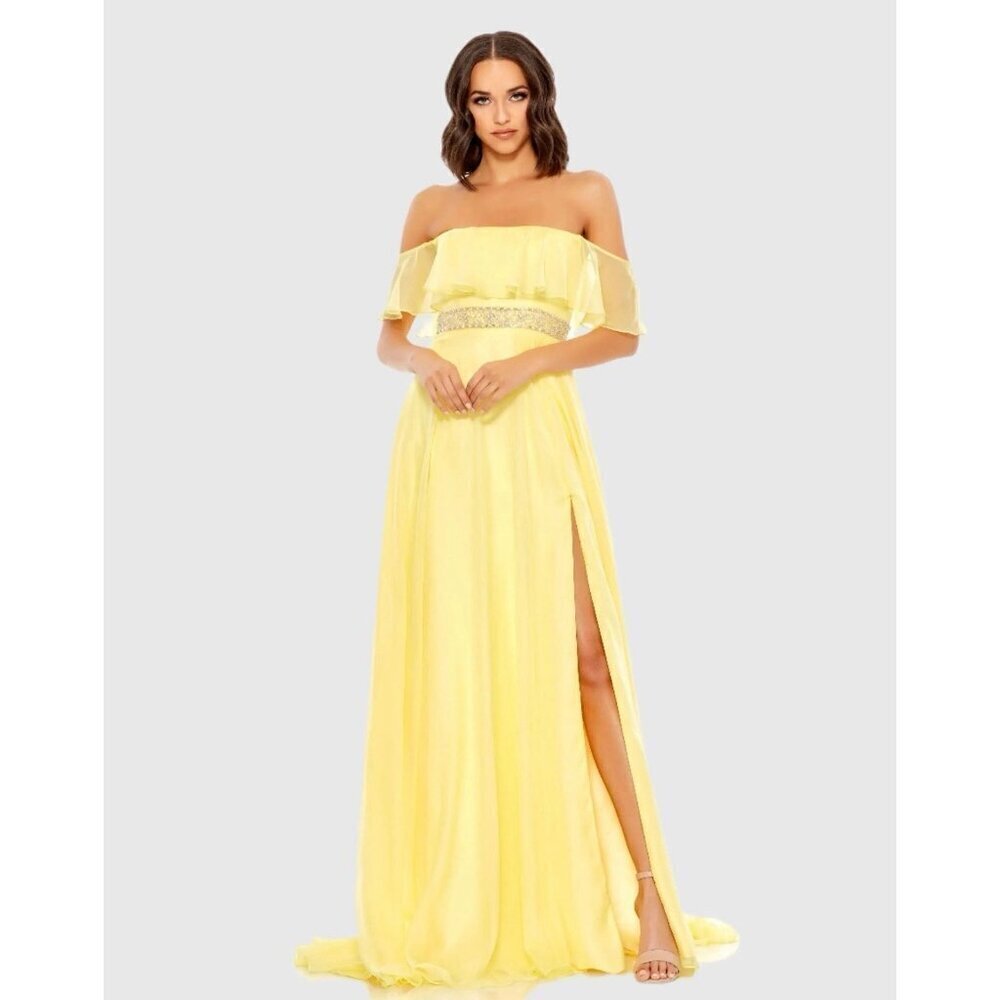 New Mac Duggal Size 0 Yellow FLOWY OFF-THE-SHOULDER Beaded Cocktail GOWN Dress